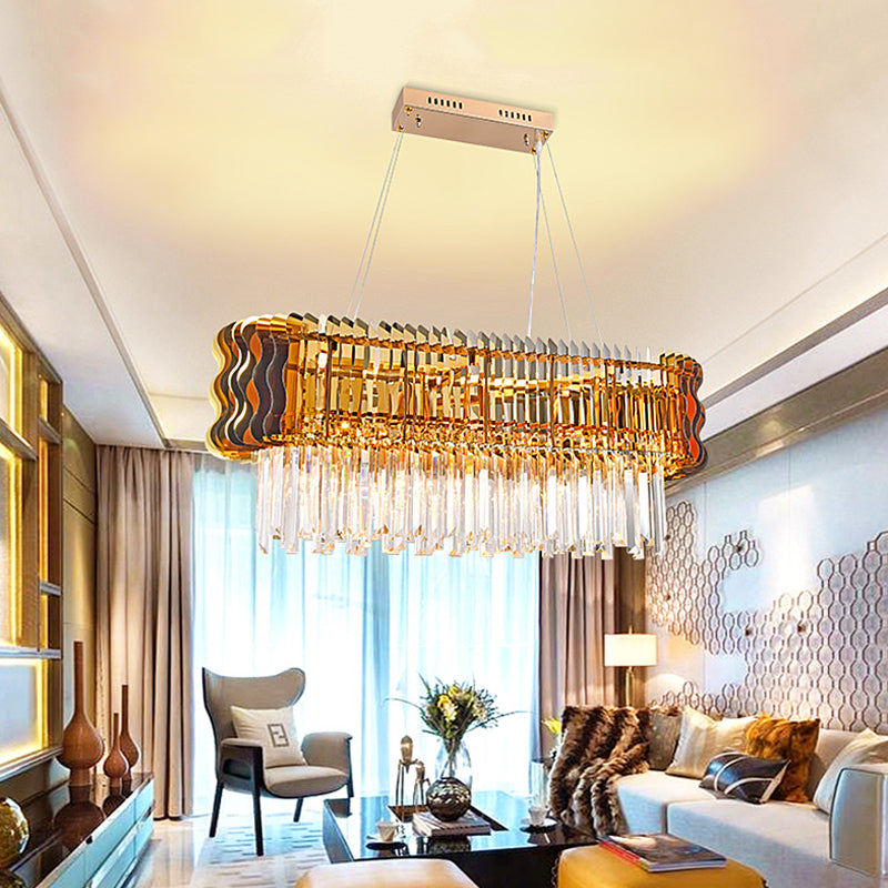 Gold 6 Bulbs Island Light Modern Crystal Prism Oblong Hanging Pendant with Wavy Edge Clearhalo 'Ceiling Lights' 'Island Lights' Lighting' 812110
