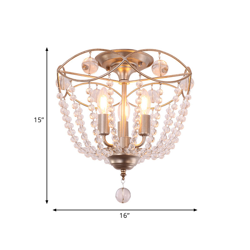 Rustic Basket Semi Flush Light Fixture 3-Light Crystal Strand Ceiling Mount in Gold for Bedroom Clearhalo 'Ceiling Lights' 'Close To Ceiling Lights' 'Close to ceiling' 'Semi-flushmount' Lighting' 812292
