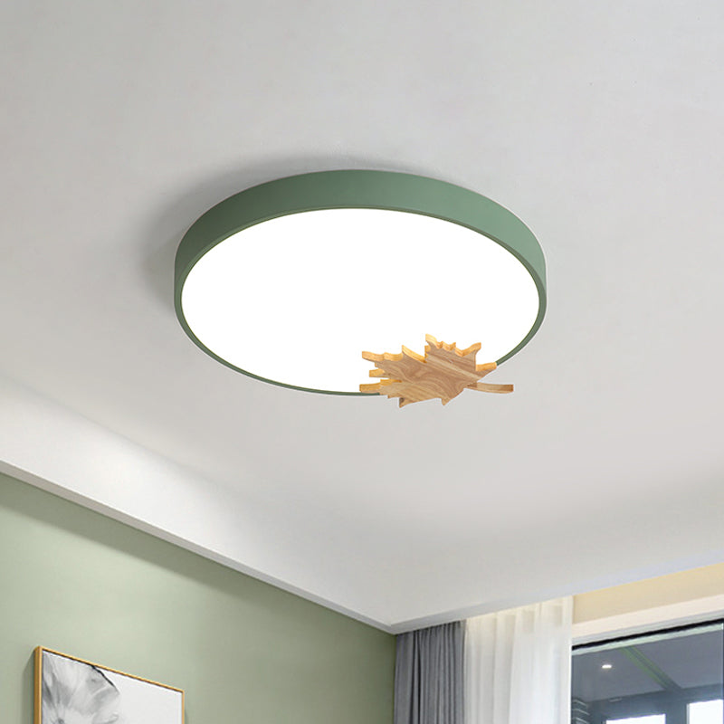 Drum Ceiling Mount Modern Acrylic Led Gray/White/Green Flush Light Fixture for Bedroom with Maple Leaf Green Clearhalo 'Ceiling Lights' 'Close To Ceiling Lights' 'Close to ceiling' 'Flush mount' Lighting' 812495