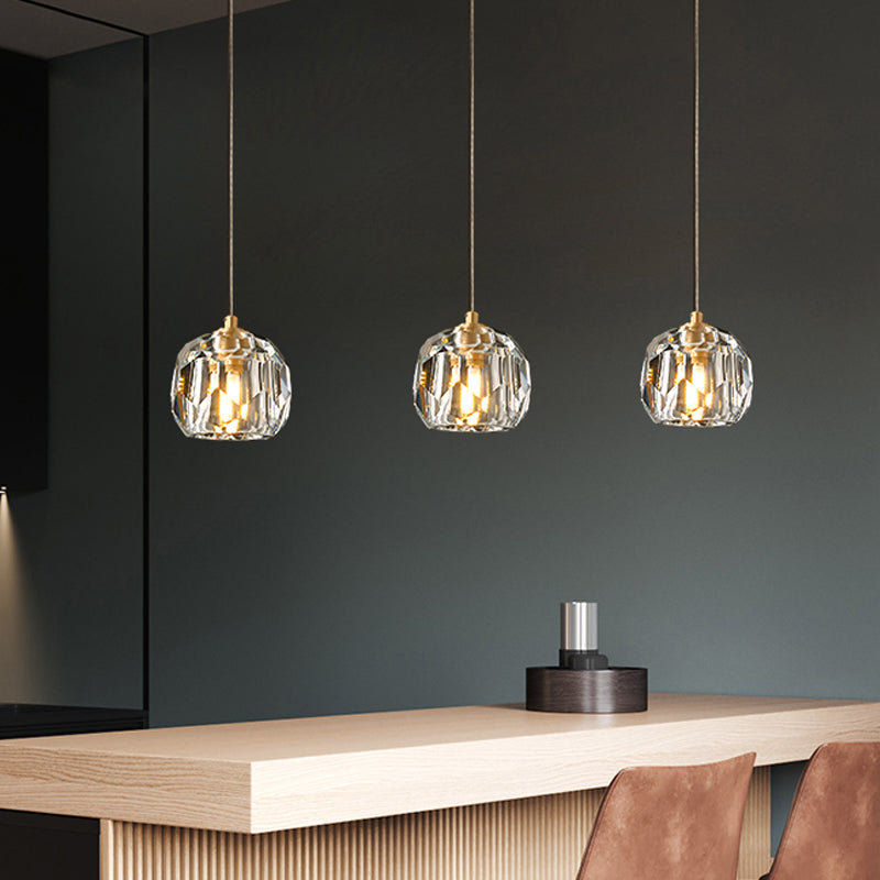 Gold 3 Heads Cluster Pendant Light Contemporary Faceted Crystal Domed Hanging Lamp Kit with Round/Linear Canopy Clearhalo 'Ceiling Lights' 'Modern Pendants' 'Modern' 'Pendant Lights' 'Pendants' Lighting' 813638