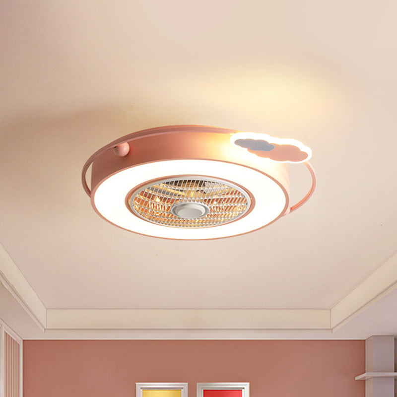 Blue/Pink Box LED Ceiling Fan Kids Acrylic Bladeless Semi Flush Mount Light Fixture with Round/Loving Heart/Cloud Ornament, 23.5" Width Pink Cloud Clearhalo 'Ceiling Fans with Lights' 'Ceiling Fans' 'Kids Ceiling Fans' 'Kids' Lighting' 814437