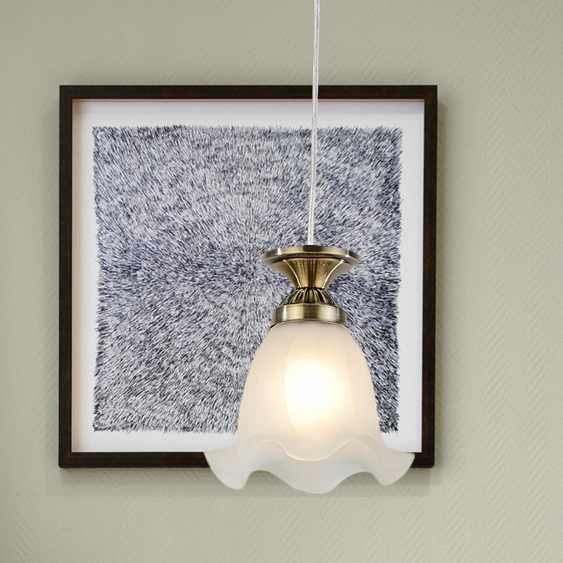 White Glass Scalloped Hanging Lamp Vintage 1-Bulb Living Room Suspension Pendant in Copper/Bronze Bronze Clearhalo 'Ceiling Lights' 'Pendant Lights' 'Pendants' Lighting' 814672_a2af93b3-ee9f-4f3d-b8d8-e60971339b71