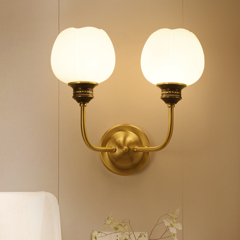 Gold 1/2-Bulb Sconce Light Fixture Antique Milky Glass Bud Wall Mounted Lamp for Living Room Clearhalo 'Wall Lamps & Sconces' 'Wall Lights' Lighting' 815087