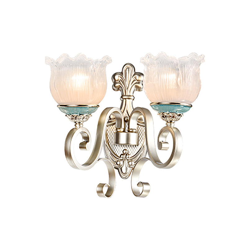 Silver 1/2-Head Wall Lighting Traditional Cream Glass Blossom Wall Sconce Light with Scrolled Arm Clearhalo 'Wall Lamps & Sconces' 'Wall Lights' Lighting' 815264