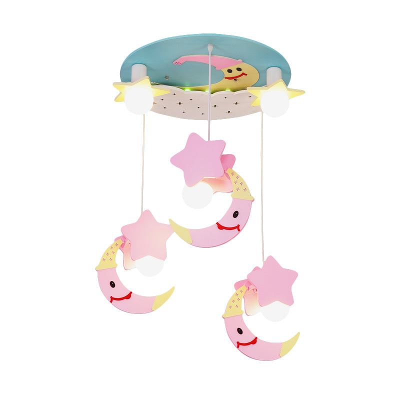 Moon and Star Wood Semi Flush Mount Cartoon 5 Lights Blue/Pink Finish Flush Ceiling Lighting Clearhalo 'Ceiling Lights' 'Close To Ceiling Lights' 'Close to ceiling' 'Semi-flushmount' Lighting' 816448