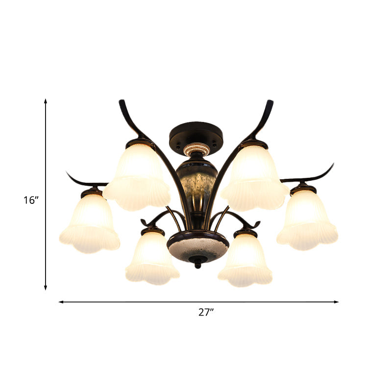 Flower White Glass Ceiling Lamp Vintage 3/6/8 Lights Dining Room Semi Flush Mount in Black Clearhalo 'Ceiling Lights' 'Close To Ceiling Lights' 'Close to ceiling' 'Glass shade' 'Glass' 'Pendant Lights' 'Semi-flushmount' Lighting' 816523