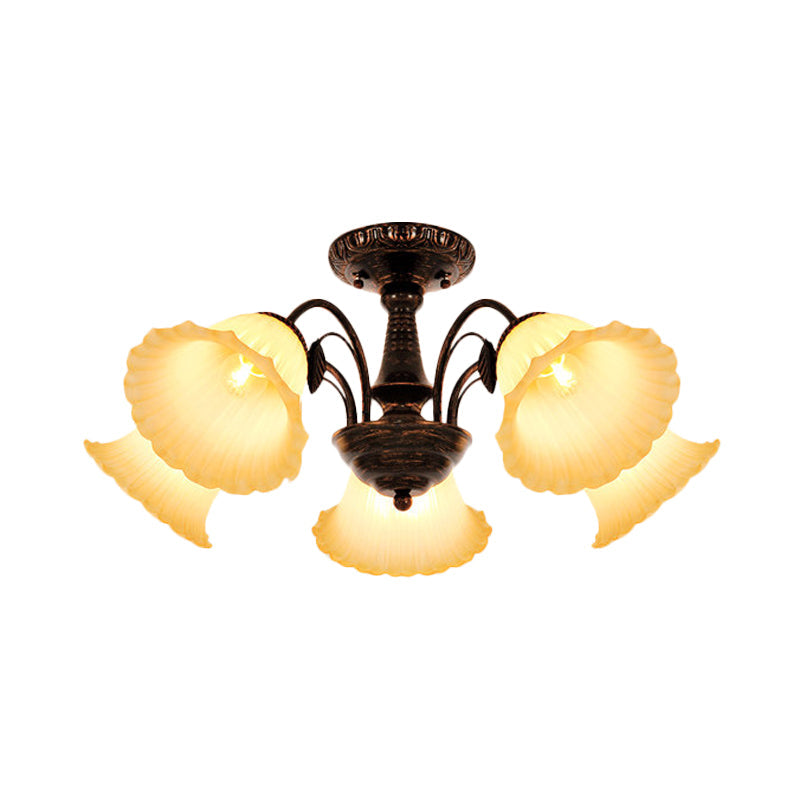 Bronze 3/5 Lights Semi Flush Countryside Frosted Glass Blossom Ceiling Mount Light Fixture for Bedroom Clearhalo 'Ceiling Lights' 'Close To Ceiling Lights' 'Close to ceiling' 'Glass shade' 'Glass' 'Semi-flushmount' Lighting' 816782