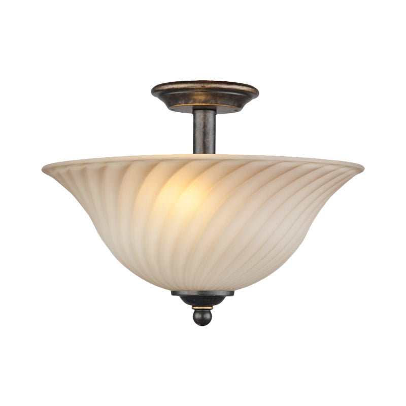 3-Head White Glass Semi Flush Light Countryside Bronze Curved Bedroom Flush Mount Lighting Clearhalo 'Ceiling Lights' 'Close To Ceiling Lights' 'Close to ceiling' 'Glass shade' 'Glass' 'Semi-flushmount' Lighting' 816865