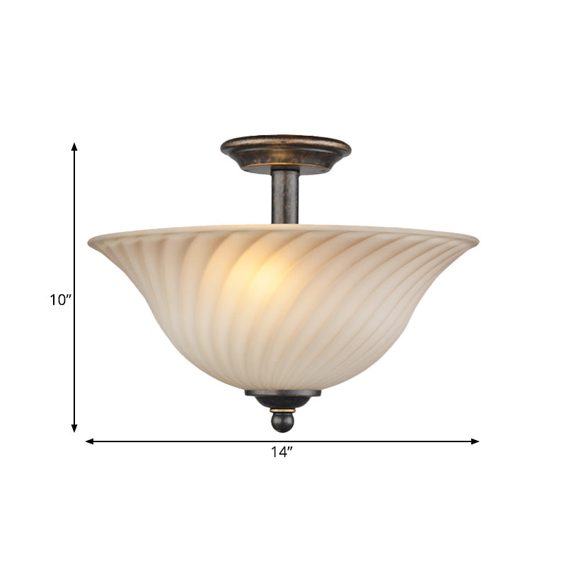 3-Head White Glass Semi Flush Light Countryside Bronze Curved Bedroom Flush Mount Lighting Clearhalo 'Ceiling Lights' 'Close To Ceiling Lights' 'Close to ceiling' 'Glass shade' 'Glass' 'Semi-flushmount' Lighting' 816866