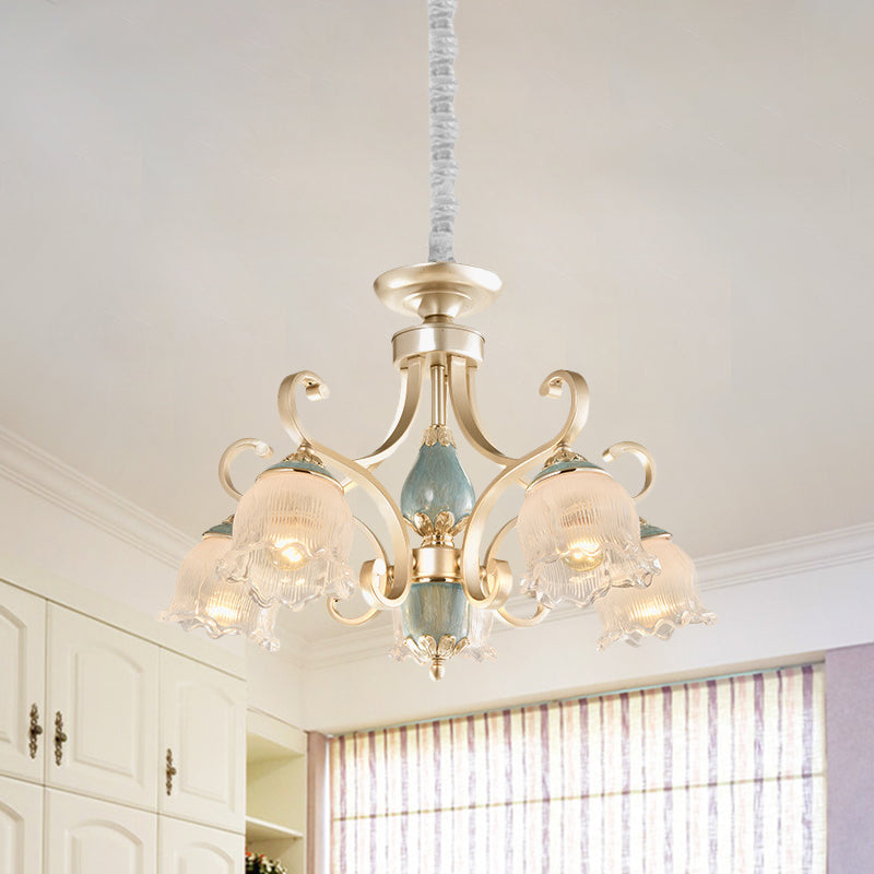 Traditional Floral Ceiling Chandelier 3/5/6 Lights Frosted Glass Pendant Lighting Fixture in Gold 5 Gold Clearhalo 'Ceiling Lights' 'Chandeliers' Lighting' options 817228_89c58175-4c5e-444b-b9d5-947b6b0b38db