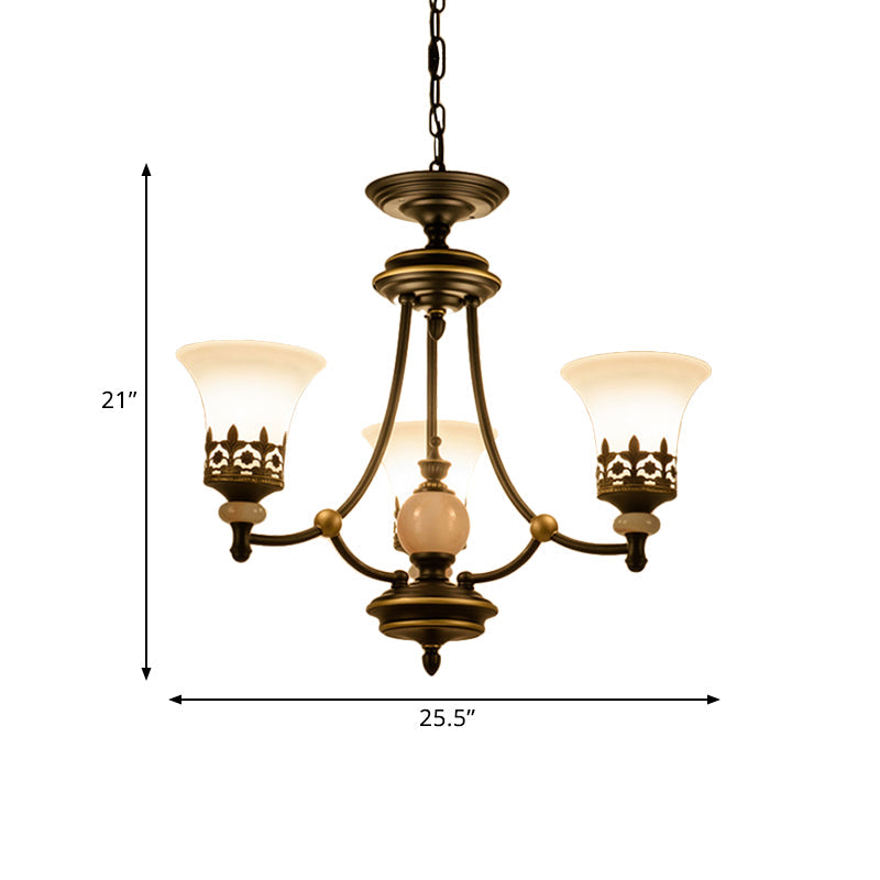 Countryside Bell Up Hanging Lighting 3/6 Lights White Glass Pendant Chandelier in Black and Gold Clearhalo 'Ceiling Lights' 'Chandeliers' Lighting' options 817314
