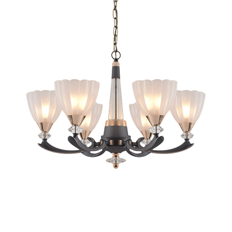 Gray-Gold 6/8 Lights Ceiling Chandelier Traditional White Frosted Glass Flower Up Hanging Lamp Clearhalo 'Ceiling Lights' 'Chandeliers' Lighting' options 817377