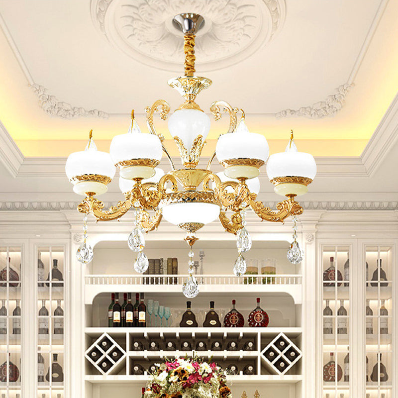 Candle Jade Pendant Chandelier Vintage 6/8-Light Dining Room Hanging Lamp in Gold with Crystal Draping Clearhalo 'Ceiling Lights' 'Chandeliers' Lighting' options 817423