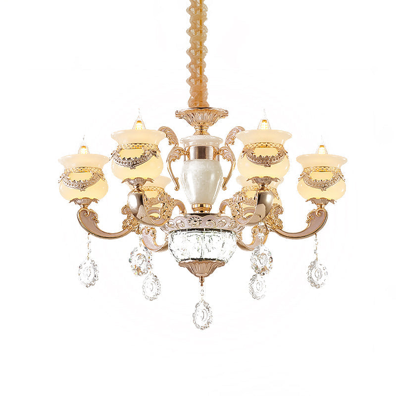 Jade Gold Chandelier Lighting Candle 6 Lights Traditional Ceiling Pendant Light with Crystal Drop Clearhalo 'Ceiling Lights' 'Chandeliers' Lighting' options 817433