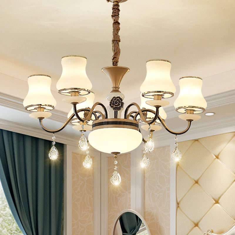 Cream Glass Brass Chandelier Light Curved Arm 3/6 Bulbs Traditional Hanging Lamp with Crystal Drop Clearhalo 'Ceiling Lights' 'Chandeliers' Lighting' options 817445