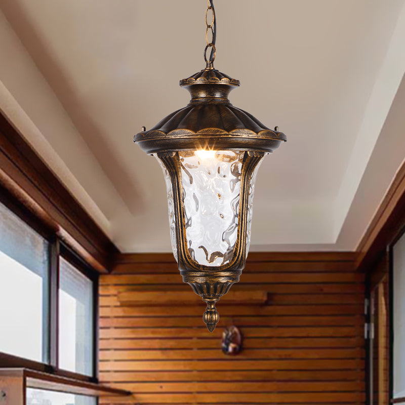 Urn Shade Patio Pendant Light Farmhouse Clear Dimple Glass 1 Head Black/Bronze Finish Ceiling Hang Fixture Bronze Clearhalo 'Ceiling Lights' 'Glass shade' 'Glass' 'Pendant Lights' 'Pendants' Lighting' 817540
