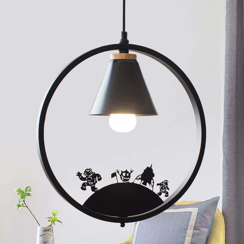 Iron Cone Shade Pendant Lamp Nordic 1 Bulb Black/White Hanging Light Fixture with Paper Cutting Decoration Black F Clearhalo 'Ceiling Lights' 'Pendant Lights' 'Pendants' Lighting' 817673_ef36cfd0-719b-43a3-9a9e-b5ac7cec2fce
