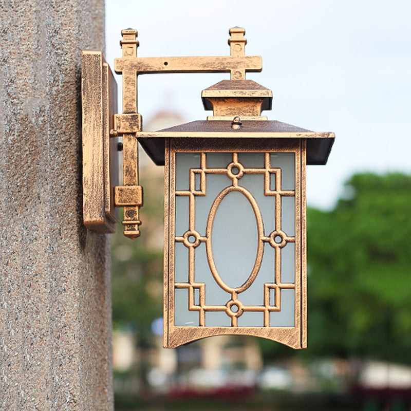 1 Head Frosted Glass Wall Lighting Rustic Black/Bronze Lantern Shaped Courtyard Sconce Light Bronze Clearhalo 'Wall Lamps & Sconces' 'Wall Lights' Lighting' 818112