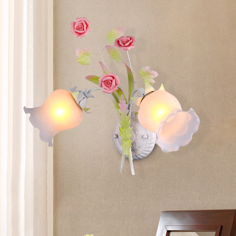 Floral Sconce Light Rural 2 Lights Opal Glass Wall Light Fixture with Bloom Deco in Green/White/Pink White-Green Clearhalo 'Wall Lamps & Sconces' 'Wall Lights' Lighting' 818150