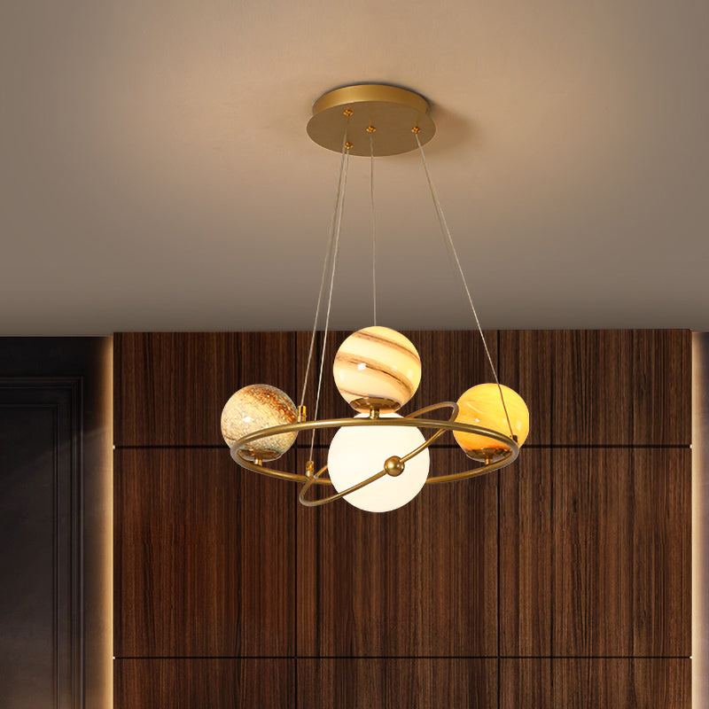 Kids Solar System Ceiling Pendant Light Stained Glass 4/6-Head Bedroom Chandelier Lighting in Gold Clearhalo 'Ceiling Lights' 'Chandeliers' Lighting' options 818549