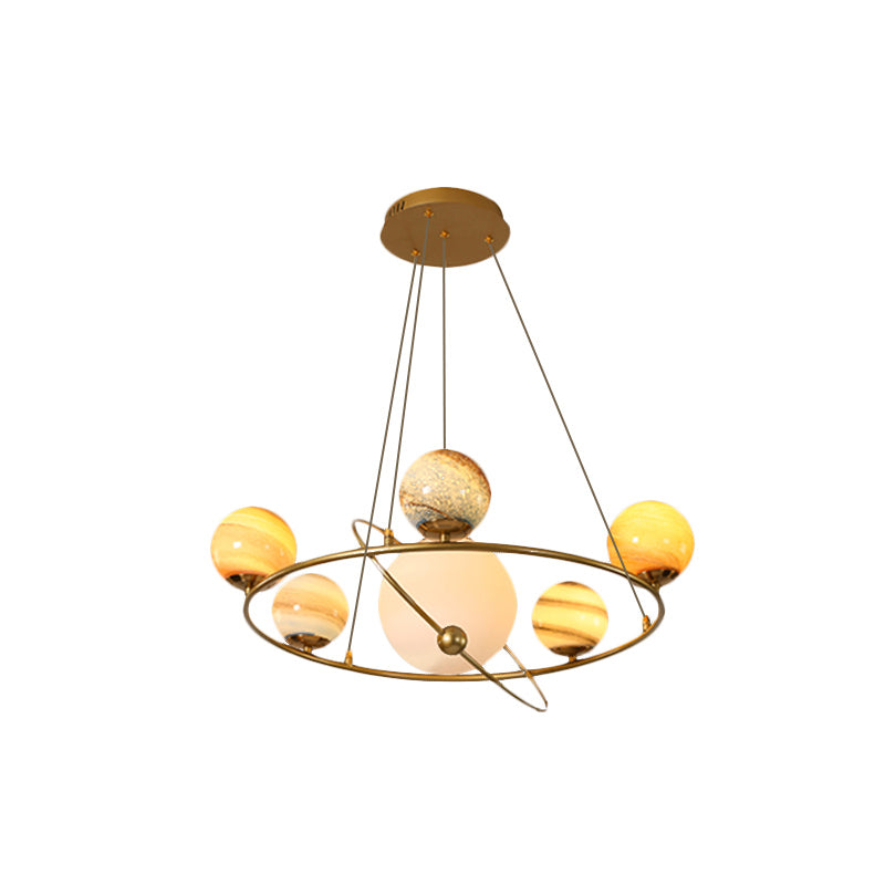 Kids Solar System Ceiling Pendant Light Stained Glass 4/6-Head Bedroom Chandelier Lighting in Gold Clearhalo 'Ceiling Lights' 'Chandeliers' Lighting' options 818555