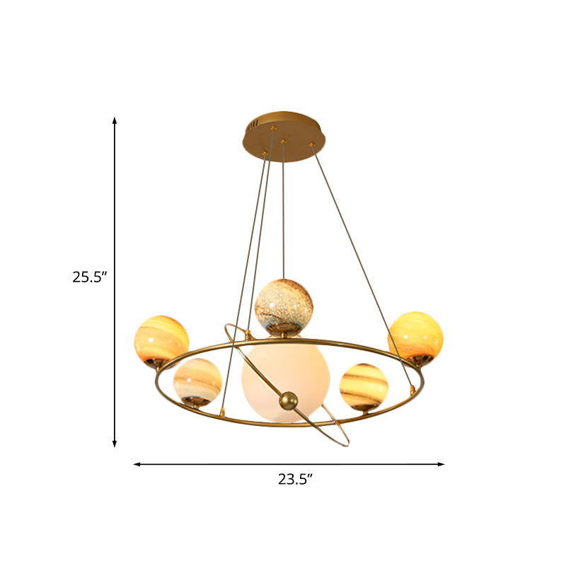 Kids Solar System Ceiling Pendant Light Stained Glass 4/6-Head Bedroom Chandelier Lighting in Gold Clearhalo 'Ceiling Lights' 'Chandeliers' Lighting' options 818557