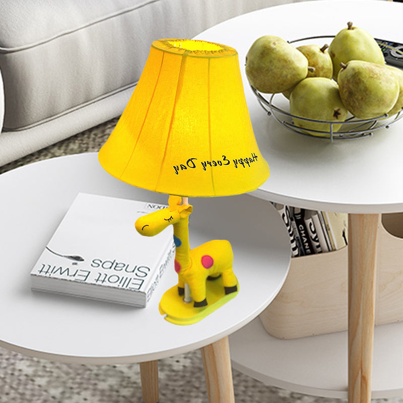 Flared Script-Print Fabric Table Lighting Kids Single-Bulb Yellow/Blue/Pink Night Lamp with Giraffe Base Clearhalo 'Lamps' 'Table Lamps' Lighting' 818667