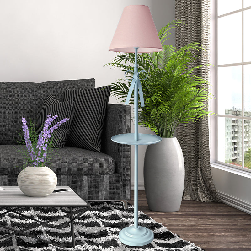 Kids Disc Reading Floor Light Metal 1 Head Living Room Standing Lamp in Pink/Blue with Cone Blue/Pink/White Fabric Shade Blue Pink Clearhalo 'Floor Lamps' 'Lamps' Lighting' 818745