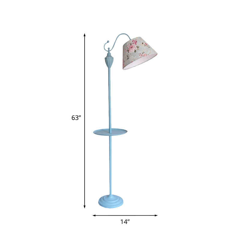 Truncated Cone Shade Floor Lighting Macaron Fabric 1 Bulb Living Room Standing Lamp in Pink/Blue/Yellow with Storage Tray Clearhalo 'Floor Lamps' 'Lamps' Lighting' 818782