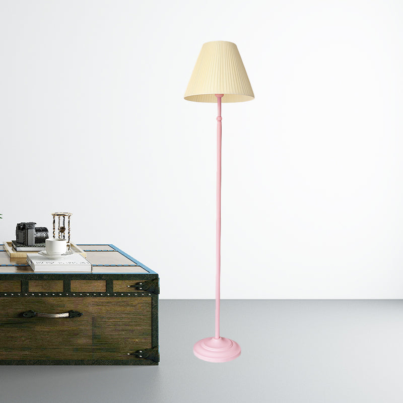 Macaron Straight Rod Iron Floor Light 1-Light Standing Floor Lamp in Pink/Green with Pink/Yellow Pleated Shade Clearhalo 'Floor Lamps' 'Lamps' Lighting' 818813