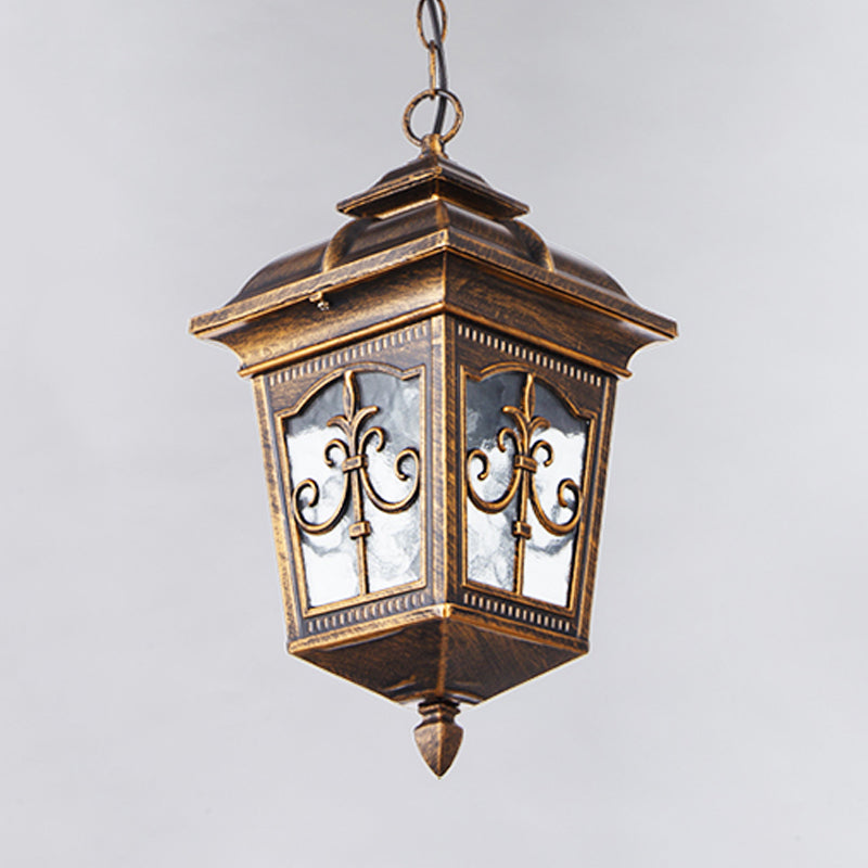 Clear Ripple Glass Black/Bronze Ceiling Lamp Lantern Shaped 1-Light Farmhouse Pendant Light Fixture for Patio Clearhalo 'Ceiling Lights' 'Glass shade' 'Glass' 'Pendant Lights' 'Pendants' Lighting' 819480