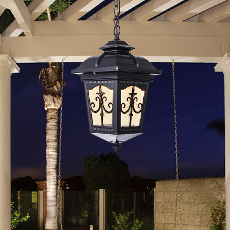 Clear Ripple Glass Black/Bronze Ceiling Lamp Lantern Shaped 1-Light Farmhouse Pendant Light Fixture for Patio Clearhalo 'Ceiling Lights' 'Glass shade' 'Glass' 'Pendant Lights' 'Pendants' Lighting' 819483