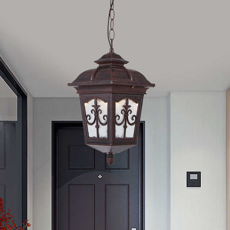 Clear Ripple Glass Black/Bronze Ceiling Lamp Lantern Shaped 1-Light Farmhouse Pendant Light Fixture for Patio Clearhalo 'Ceiling Lights' 'Glass shade' 'Glass' 'Pendant Lights' 'Pendants' Lighting' 819487