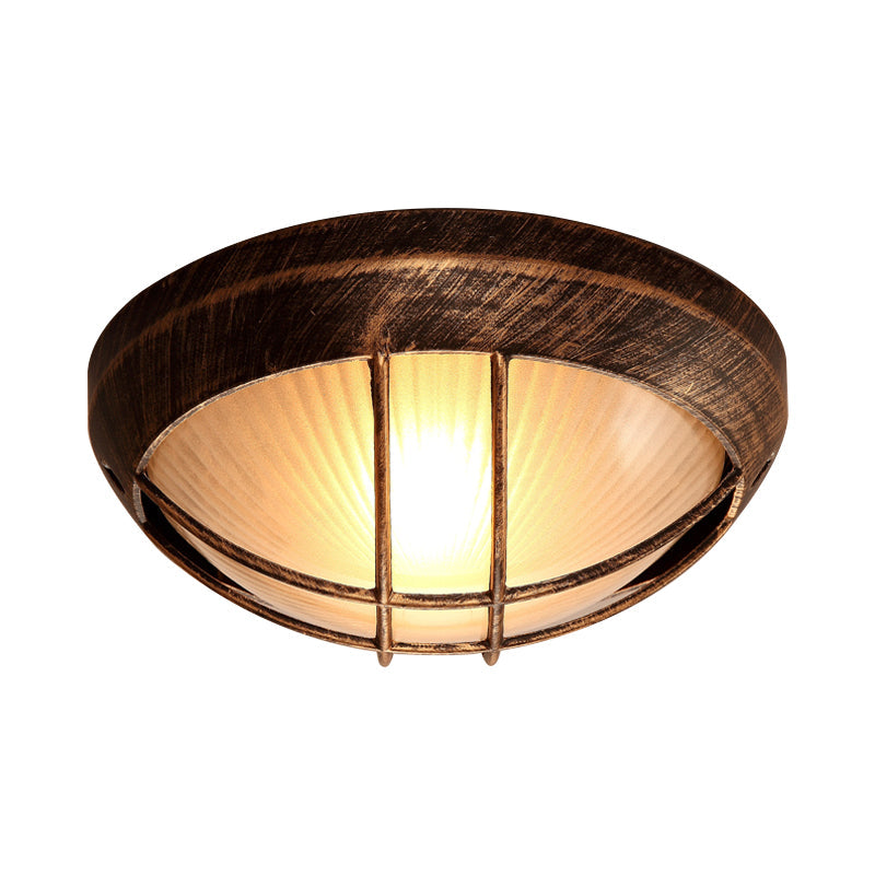 Bowl Frosted Ribbed Glass Flush Mount Rustic 1-Light Porch Ceiling Mounted Light in Bronze with Metal Cage Clearhalo 'Ceiling Lights' 'Close To Ceiling Lights' 'Close to ceiling' 'Flush mount' Lighting' 819518