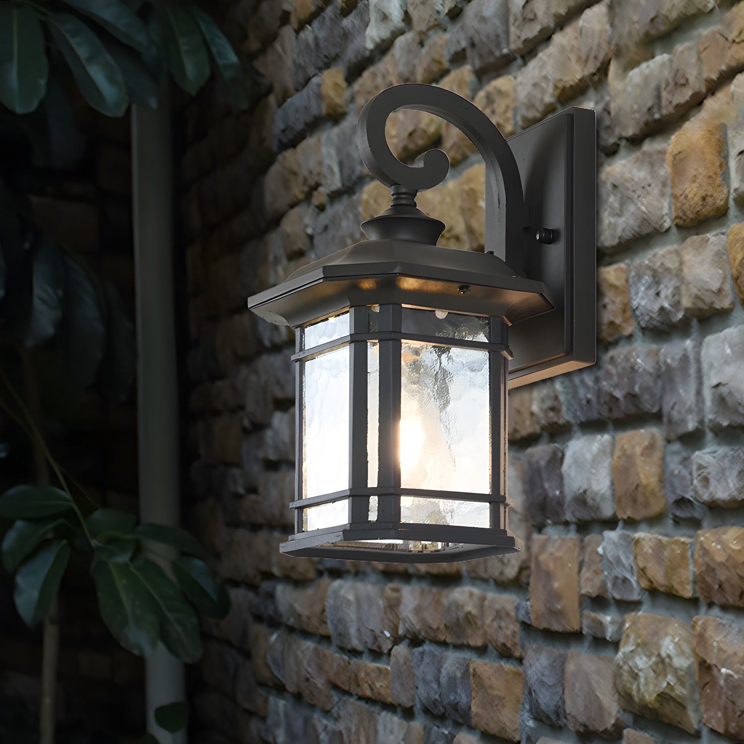 Bronze Curvy Arm Wall Lighting Countryside Clear Ripple Glass Single Head Outdoor Sconce Black Clearhalo 'Wall Lamps & Sconces' 'Wall Lights' Lighting' 820014