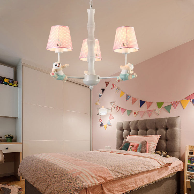 Kindergarten Tapered Shade Suspension Light Fabric and Metal Panda Chandelier in Blue/Pink Clearhalo 'Ceiling Lights' 'Chandeliers' Lighting' options 82620