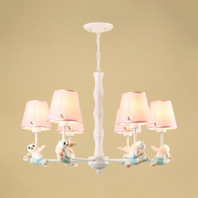 Kindergarten Tapered Shade Suspension Light Fabric and Metal Panda Chandelier in Blue/Pink 6 Pink Clearhalo 'Ceiling Lights' 'Chandeliers' Lighting' options 82621_aa73590f-6393-4963-8e69-7f9ecd8dce04