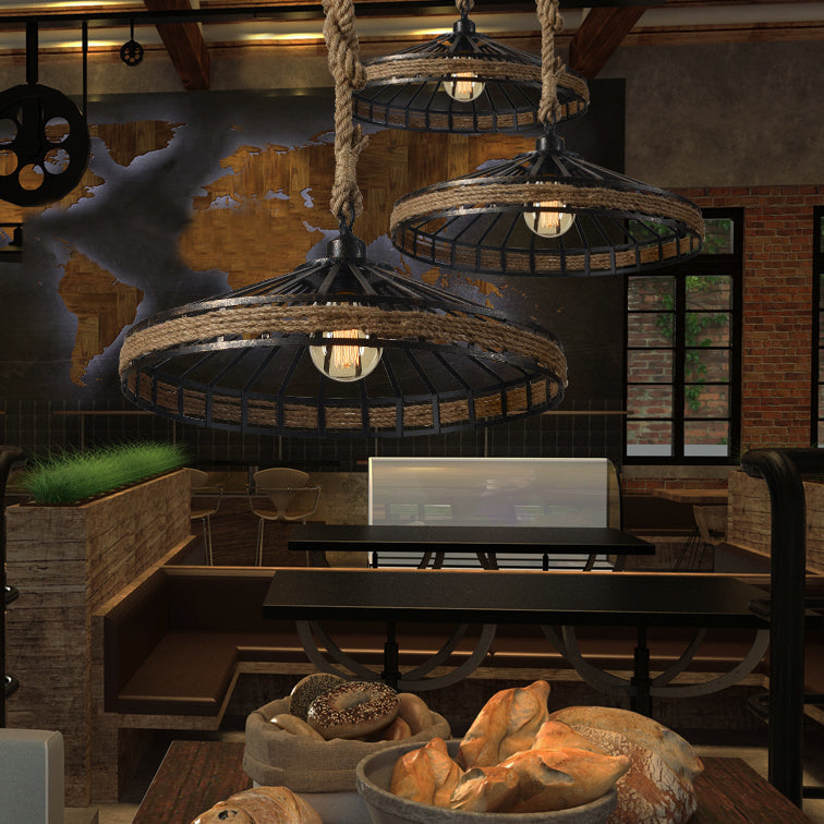 Conic Cage Restaurant Suspension Light Vintage Rope and Metal 1 Light Black Hanging Light in Aged Silver/Black Black 16" Clearhalo 'Art Deco Pendants' 'Black' 'Cast Iron' 'Ceiling Lights' 'Ceramic' 'Crystal' 'Industrial Pendants' 'Industrial' 'Metal' 'Middle Century Pendants' 'Pendant Lights' 'Pendants' 'Rustic Pendants' 'Tiffany' Lighting' 84008