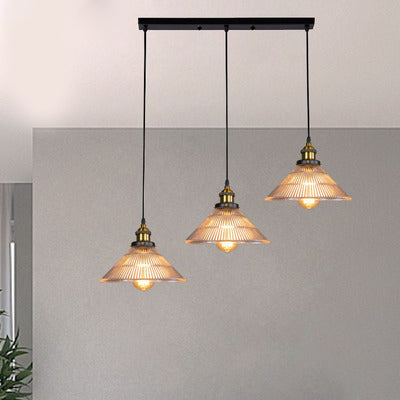 3-Light Cone Hanging Light Industrial Brass Ribbed Glass Pendant Lighting for Dinning Room,Round/Linear Canopy Clear Linear Clearhalo 'Art Deco Pendants' 'Cast Iron' 'Ceiling Lights' 'Ceramic' 'Crystal' 'Industrial Pendants' 'Industrial' 'Metal' 'Middle Century Pendants' 'Pendant Lights' 'Pendants' 'Tiffany' Lighting' 85101