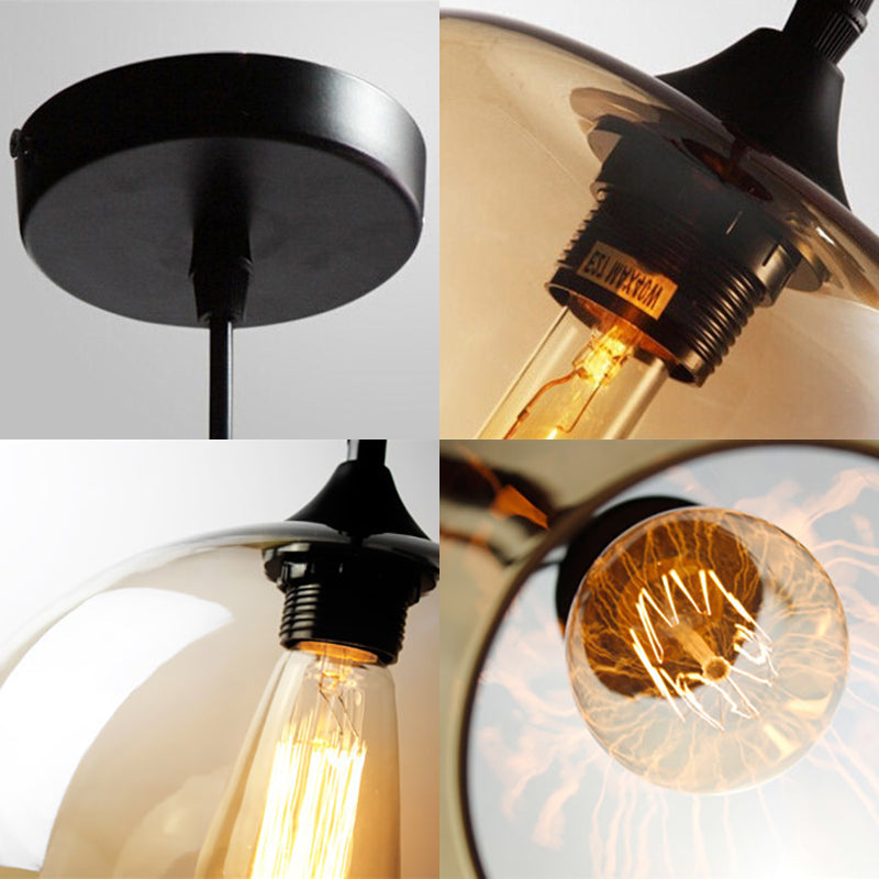 Globe Pendant Light Industrial 1 Light 8"/10" Wide Grey/Red/Blue Glass Hanging Lamp in Black Clearhalo 'Ceiling Lights' 'Close To Ceiling Lights' 'Glass shade' 'Glass' 'Industrial Pendants' 'Industrial' 'Middle Century Pendants' 'Pendant Lights' 'Pendants' 'Tiffany' Lighting' 85227