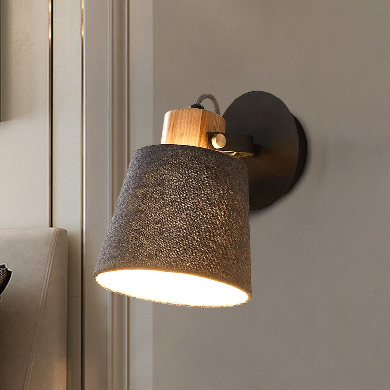 1 Head Wood Wall Lighting Modernism Black Wall Mounted Lamp with Barrel Fabric Shade Black Clearhalo 'Modern wall lights' 'Modern' 'Wall Lamps & Sconces' 'Wall Lights' Lighting' 852510