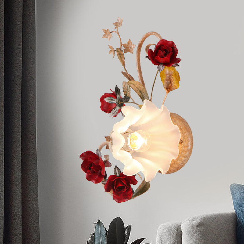 1 Bulb Blooming Wall Light American Flower Red Brown Frosted White Glass Sconce, Leftward/Rightward Red Brown Right Clearhalo 'Wall Lamps & Sconces' 'Wall Lights' Lighting' 852581