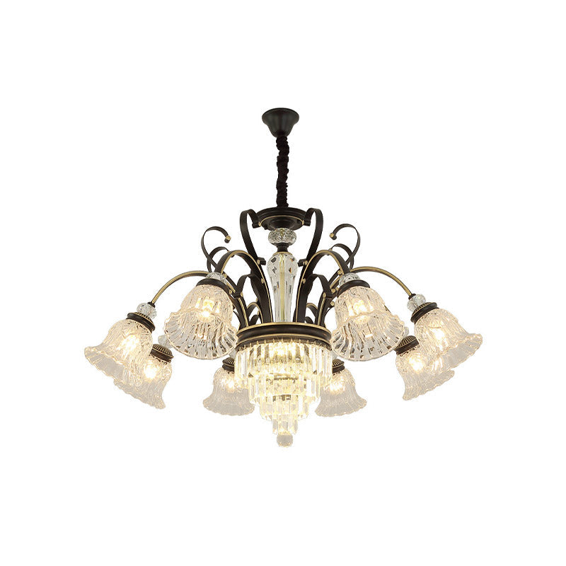 6/8 Heads Clear Glass Chandelier Countryside Black Bell Living Room Ceiling Suspension Lamp Clearhalo 'Ceiling Lights' 'Chandeliers' 'Modern Chandeliers' 'Modern' Lighting' 852682