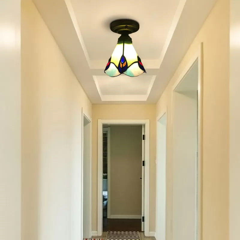 Stained Glass Ceiling Light Fixture, Floral Semi Flush Mount Light in Aged Brass for Bedroom Tiffany Style, 6.5" W x 5" H Green Clearhalo 'Ceiling Lights' 'Close To Ceiling Lights' 'Close to ceiling' 'Glass shade' 'Glass' 'Semi-flushmount' 'Tiffany close to ceiling' 'Tiffany' Lighting' 85283