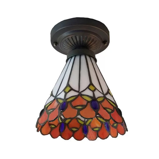 Bedroom Ceiling Light Bronze, Mini Semi Flush Mount Light with Stained Glass Floral Shade Tiffany Style, 8" High x 6" in Diameter Clearhalo 'Ceiling Lights' 'Close To Ceiling Lights' 'Close to ceiling' 'Glass shade' 'Glass' 'Semi-flushmount' 'Tiffany close to ceiling' 'Tiffany' Lighting' 85296