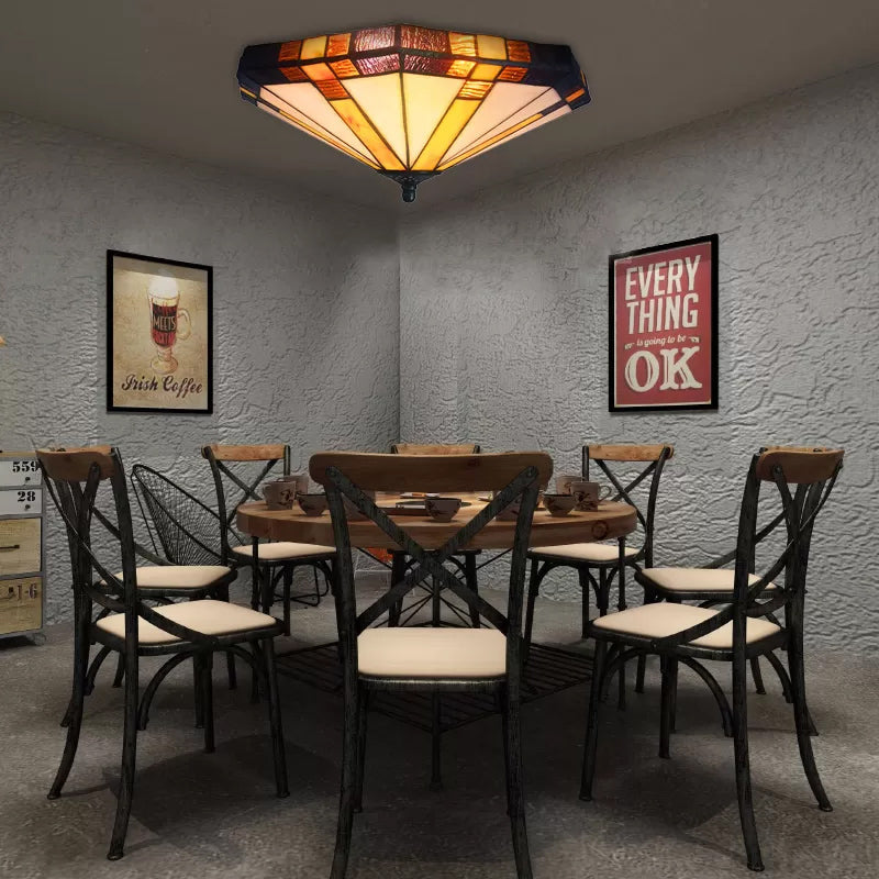 Stained Glass Ceiling Light Flush Mount, 3 Lights Mission Flush Mount Light Fixture for Bedroom White Clearhalo 'Ceiling Lights' 'Close To Ceiling Lights' 'Close to ceiling' 'Flush mount' Lighting' 85303