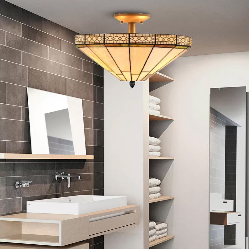 Bedroom Ceiling Light Glass, 2 Lights Flared Semi Flush Light in Beige Mission Style, 12" High x 16" in Diameter Beige Clearhalo 'Ceiling Lights' 'Close To Ceiling Lights' 'Close to ceiling' 'Glass shade' 'Glass' 'Semi-flushmount' 'Tiffany close to ceiling' 'Tiffany' Lighting' 85398