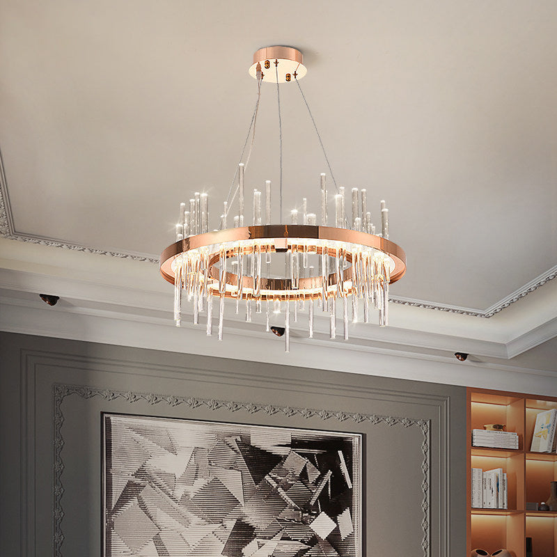 Rose Gold Circle Ceiling Suspension Lamp Modern Crystal Strip Bedroom LED Chandelier Clearhalo 'Ceiling Lights' 'Chandeliers' 'Modern Chandeliers' 'Modern' Lighting' 862507