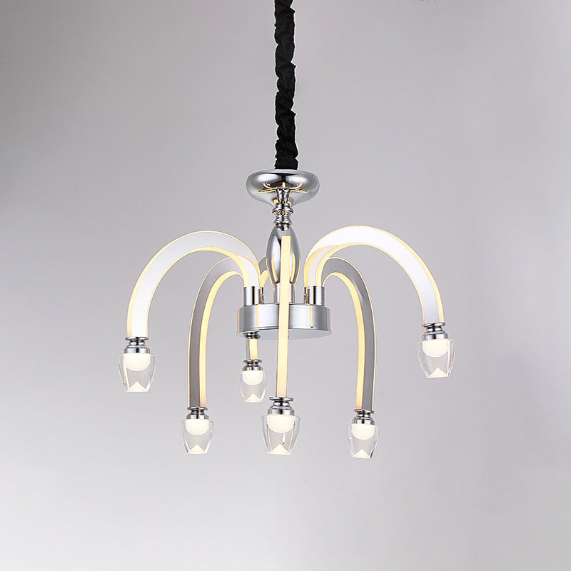 Stainless Steel Drooping Chandelier Modern Dining Room 21"/27.5" Wide LED Hanging Light Kit in Chrome with Crystal Finial Clearhalo 'Ceiling Lights' 'Chandeliers' 'Modern Chandeliers' 'Modern' Lighting' 862773
