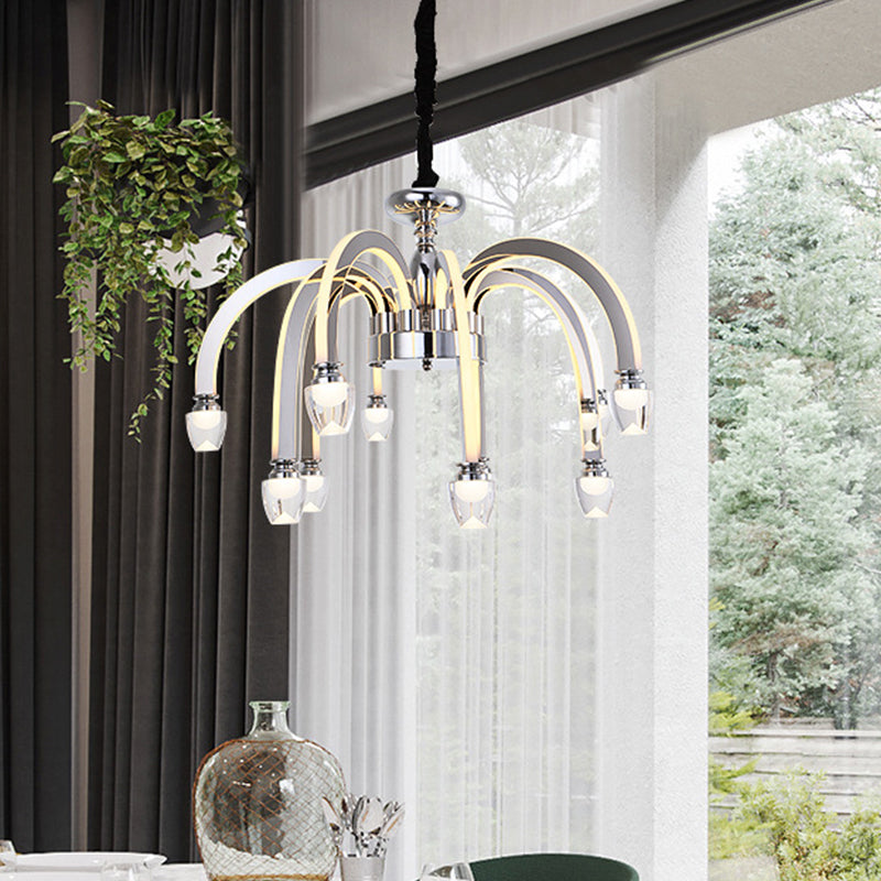 Stainless Steel Drooping Chandelier Modern Dining Room 21"/27.5" Wide LED Hanging Light Kit in Chrome with Crystal Finial Clearhalo 'Ceiling Lights' 'Chandeliers' 'Modern Chandeliers' 'Modern' Lighting' 862776